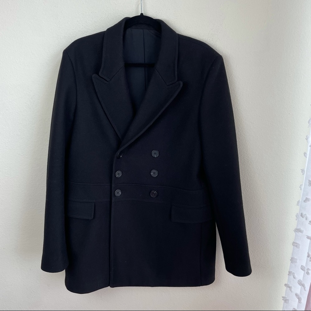 Sandro Mens Black Wool Triple Breasted Car Coat
